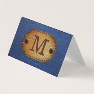 Cartão De Visita Monograma de Couro Couro Azul e Patch
