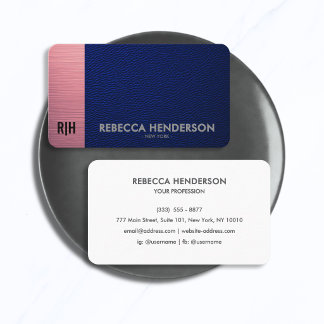 Cartão De Visita Monograma de couro navy metálico rosa e branco atr
