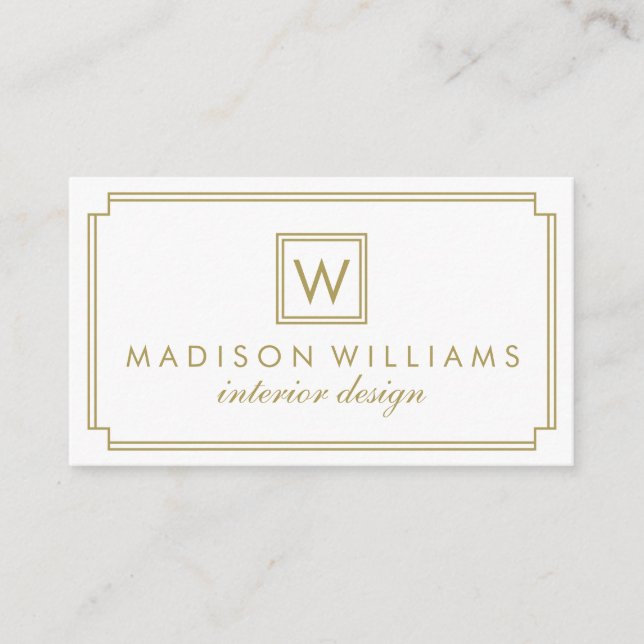 Cartão De Visita Monograma de Deco de Arte Branca e Dourada (Frente)