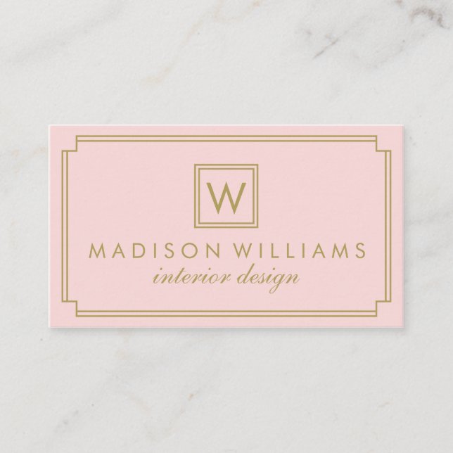 Cartão De Visita Monograma de Deco de Arte Rosa e Dourada (Frente)