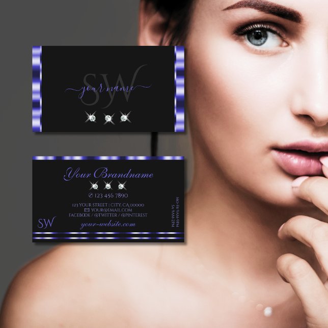 Cartão De Visita Monograma de Diamantes Azuis e Pretos Estimulantes (Criador carregado)