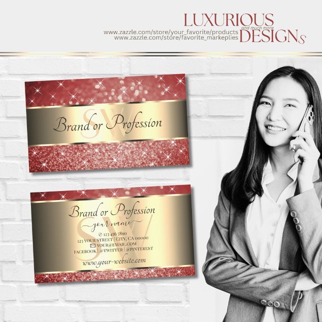 Cartão De Visita Monograma de estrelas de brilho vermelho Dourado E (Criador carregado)