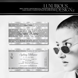Cartão De Visita Monograma de Estrelas Espumantes na moda Silver Gl