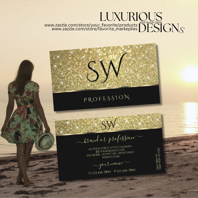 Cartão De Visita Monograma de Estrelas Luminosas Douradas Luminosas (Criador carregado)