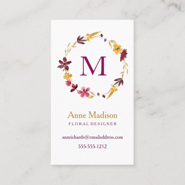 Cartão De Visita Monograma de flores selvagens (Frente)