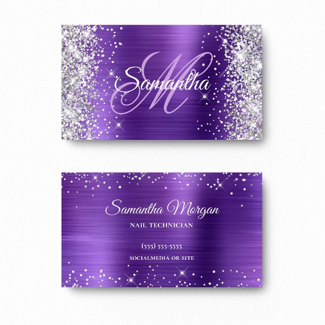 Cartão De Visita Monograma de Folha de Ametist de Prata (Silver Glitter Amethyst Foil Purple Monogram Business Card)