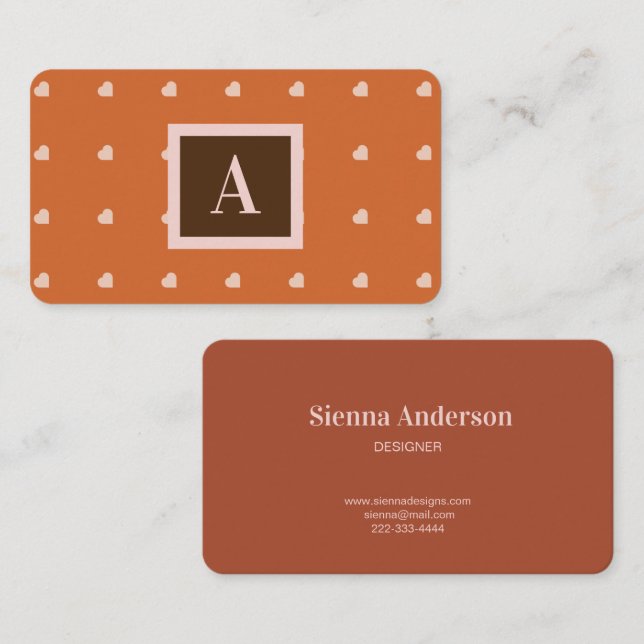 Cartão De Visita Monograma de fundo de mini corações laranja queima (Frente/Verso)