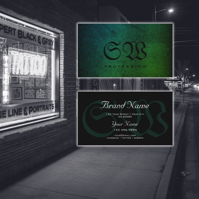 Cartão De Visita Monograma de Gradiente Verde de Teal Escuro cobra (Criador carregado)