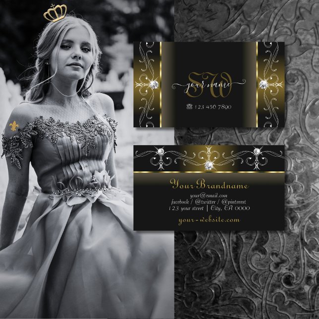 Cartão De Visita Monograma de Joias Douradas e Pretas de Luxo (Criador carregado)