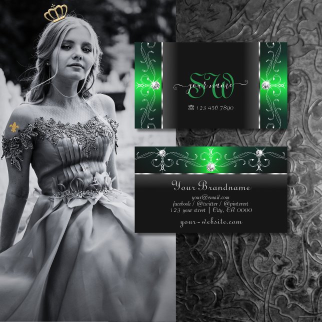 Cartão De Visita Monograma de Joias Negras Nobres e Verde Espalhada (Criador carregado)