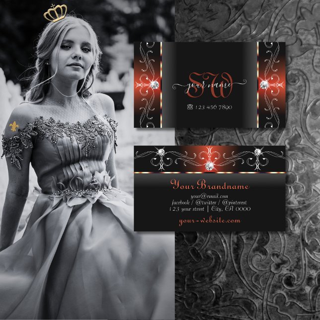 Cartão De Visita Monograma de Joias Pretas Lava Vermelha Preta Glam (Criador carregado)