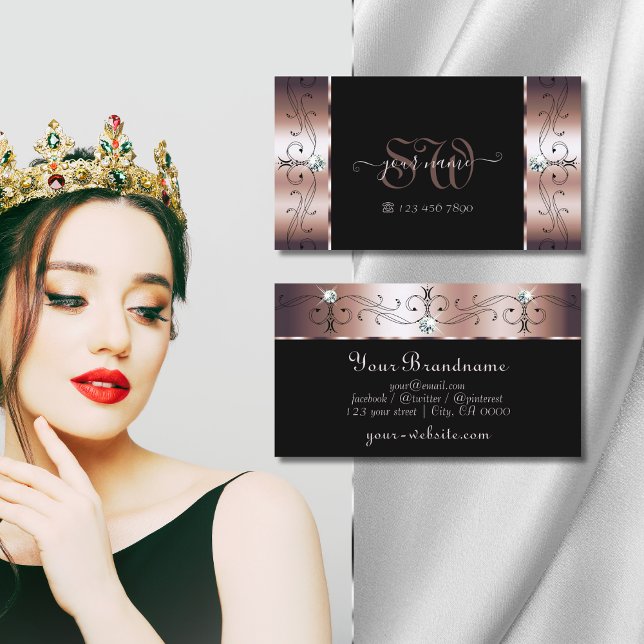 Cartão De Visita Monograma de Joias Pretas Pretas, Douradas, de Ros (Criador carregado)