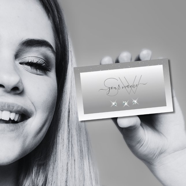 Cartão De Visita Monograma de Jovens Espumantes Brancas de Cinza Pr (Criador carregado)