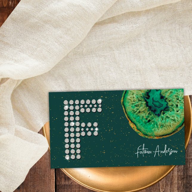 Cartão De Visita Monograma de letra inicial F em diamantes e ágata  (Front)