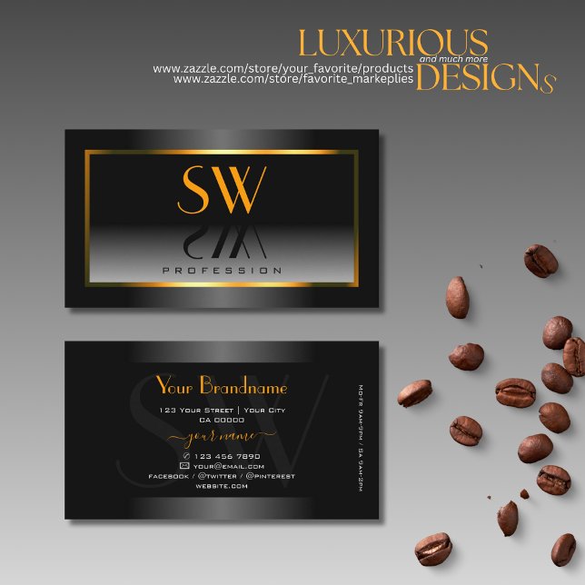 Cartão De Visita Monograma de Moldura Laranja Gradiente Preto Elega (Criador carregado)