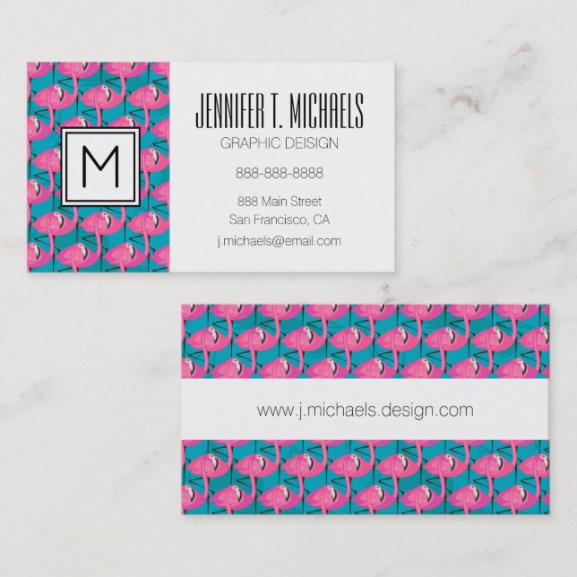 Cartão De Visita Monograma de néon dos flamingos | (Frente/Verso)