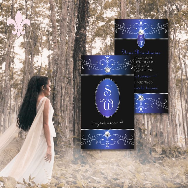 Cartão De Visita Monograma de Ornamentados Azuis-Pretos Luxuriosos (Criador carregado)