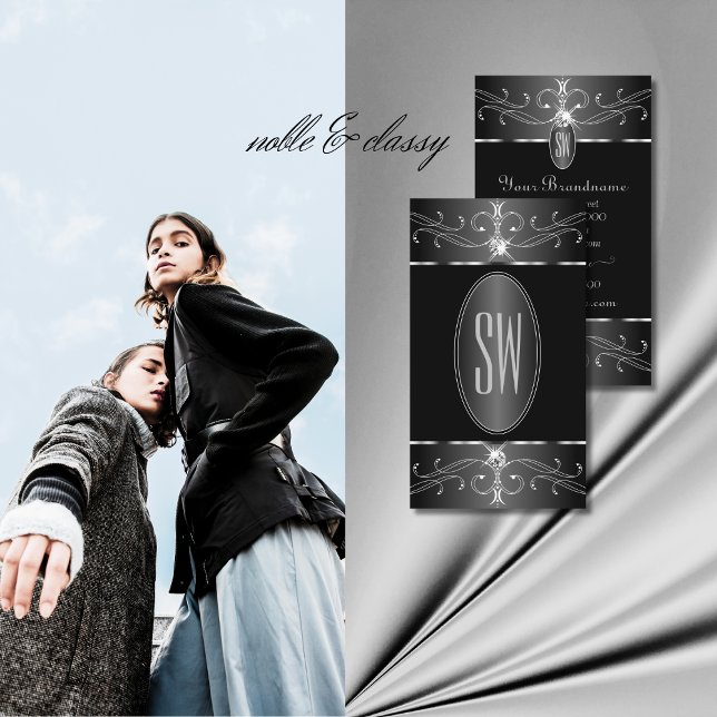 Cartão De Visita Monograma de Ornamentados Brancos Pretos de Luxo (Criador carregado)
