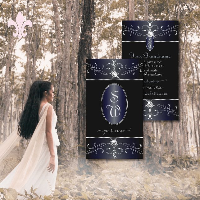 Cartão De Visita Monograma de Ornamentos de Ornamentado Preto e Azu (Criador carregado)