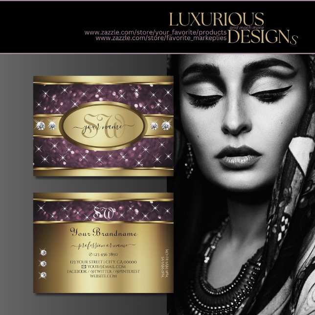 Cartão De Visita Monograma de Ouros de Ouros de Estrelas Roxas Dour (Criador carregado)