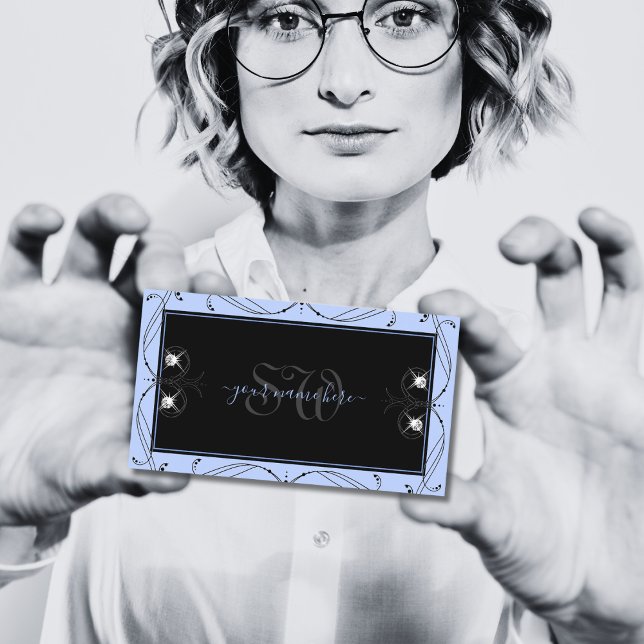 Cartão De Visita Monograma de Ouros Espelhos Azuis Negra Ornamental (Criador carregado)