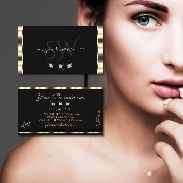 Cartão De Visita Monograma de Ouros Estimulantes Pretos Dourados de (Criador carregado)