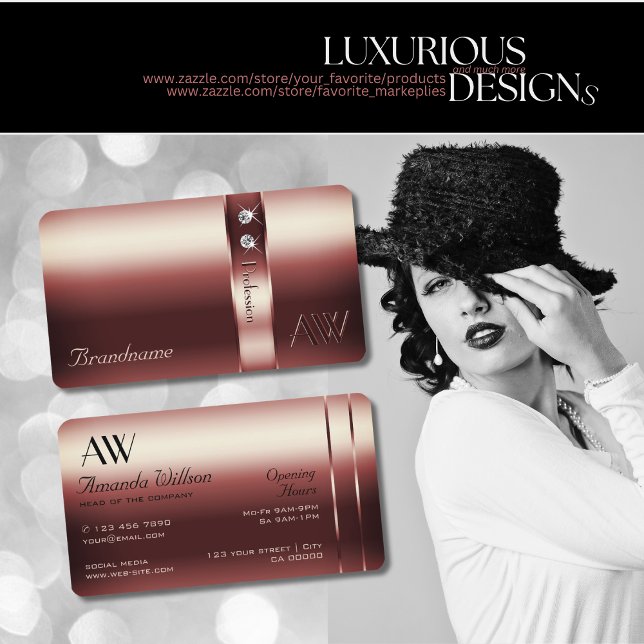 Cartão De Visita Monograma de Ouros Shimmery Decor Burgundy Elegant (Criador carregado)