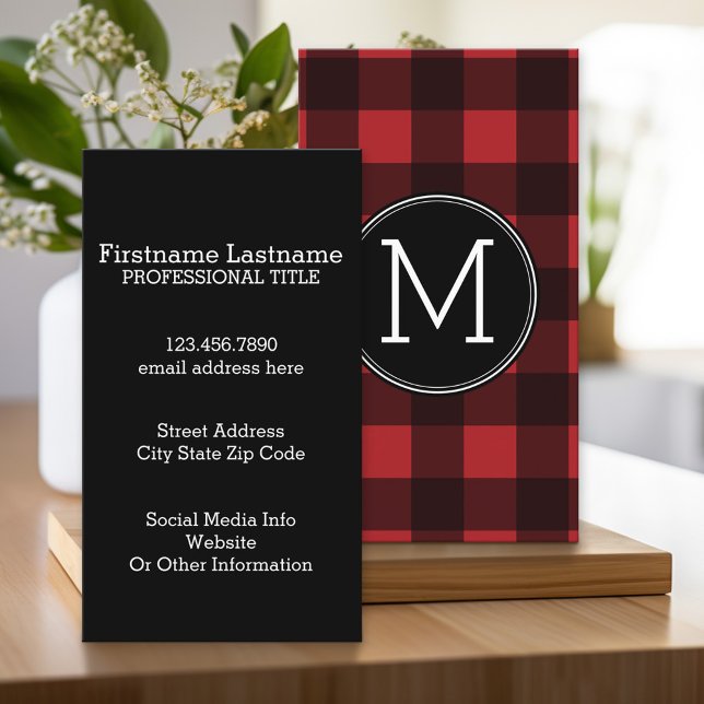 Cartão De Visita Monograma de Padrão de Xadrez de Buffalo Vermelho  (Custom Business Card with Monogram)