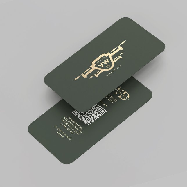 Cartão De Visita Monograma de Piloto de Drone Moderno Dourado Verde (Modern Drone Pilot Monogram Green Gold Professional Elegant Business Card
)