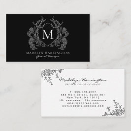 Cartão De Visita Monograma de repouso floral branco e preto moderno