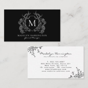 Cartão De Visita Monograma de repouso floral branco e preto moderno