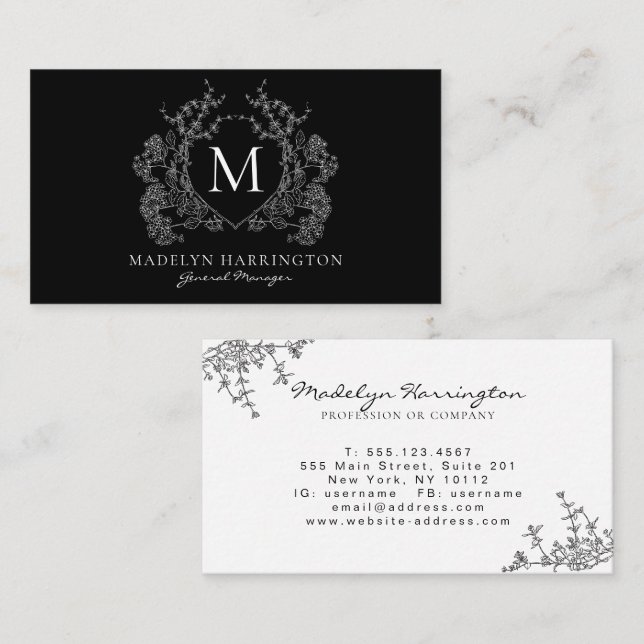 Cartão De Visita Monograma de repouso floral branco e preto moderno (Frente/Verso)