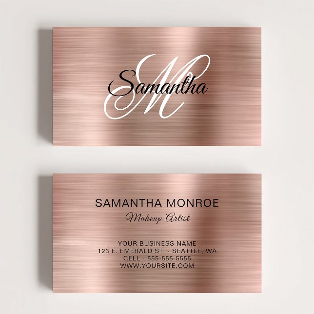 Cartão De Visita Monograma de Rico Dourado com Rosa metálico (Metallic Rose Gold Fancy Monogram Business Card)
