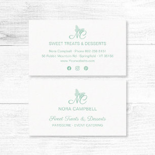 Cartão De Visita Monograma de Script Elegante Mint Borboleta Verde