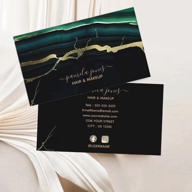 Cartão De Visita Monograma de Script Glitter Dourado do Agate Verde (Emerald Green Agate Gold Glitter Script Monogram Business Card)