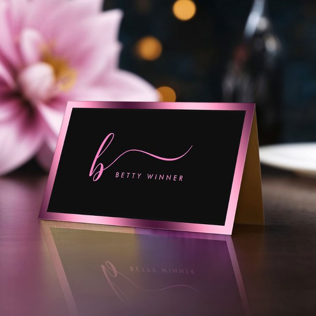 Cartão De Visita Monograma de Script Moderno de Foil Rosa Quente de (Criador carregado)