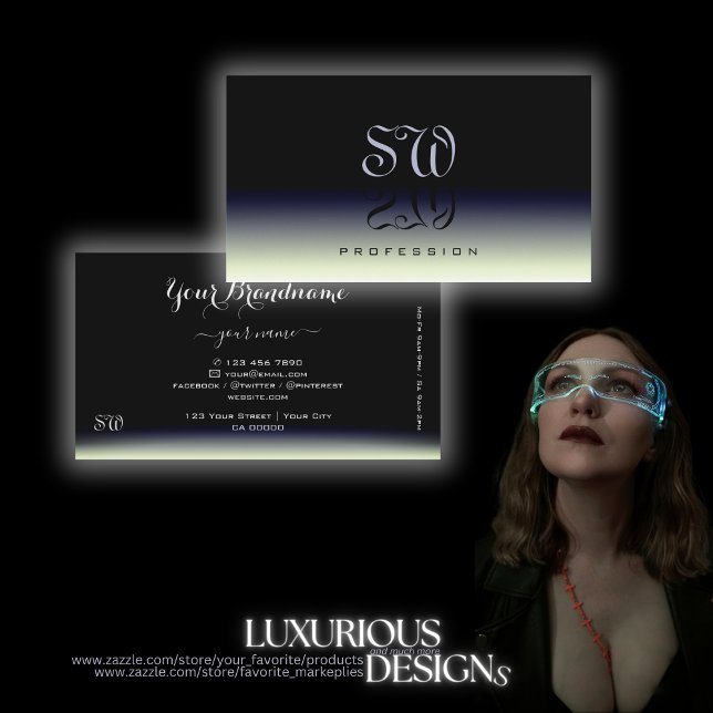 Cartão De Visita Monograma de Sombra Gradual Branco Negro de Aço (Criador carregado)