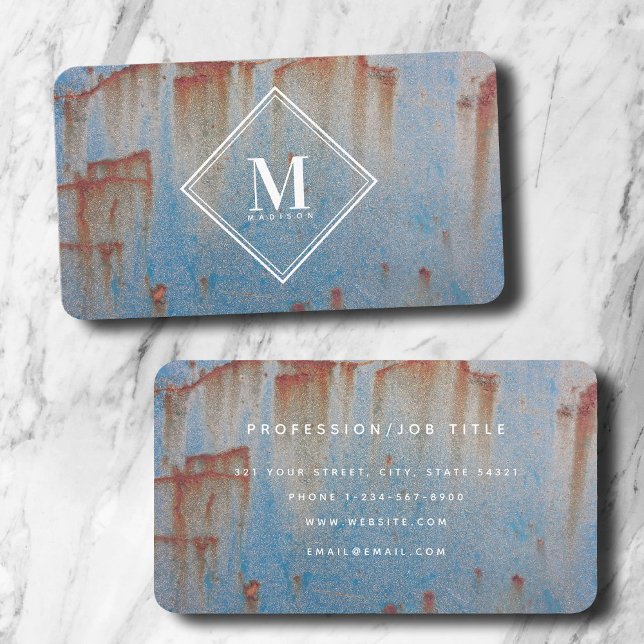 Cartão De Visita Monograma de Textura Metálica Azul (Blue Rust Metallic Texture Monogram Initial Business Card)