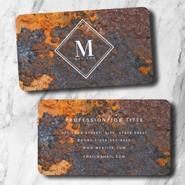 Cartão De Visita Monograma de Textura Metálica em Pó Castanho (Brown Rust Metallic Texture Monogram Initial Business Card)
