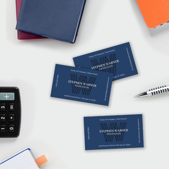 Cartão De Visita Monograma de Tipografia Azul Escuro Um Lado (Criador carregado)