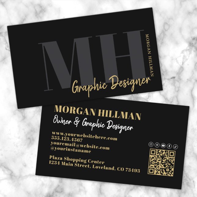 Cartão De Visita Monograma de Trendência do Código QR Preto Dourado (Gold Black QR Code Trendy Monogram Business Card)