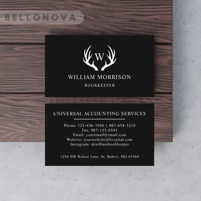 Cartão De Visita Monograma De Veado Preto E Branco Personalizado (Custom Black And White Deer Antler Monogrammed Business Card)