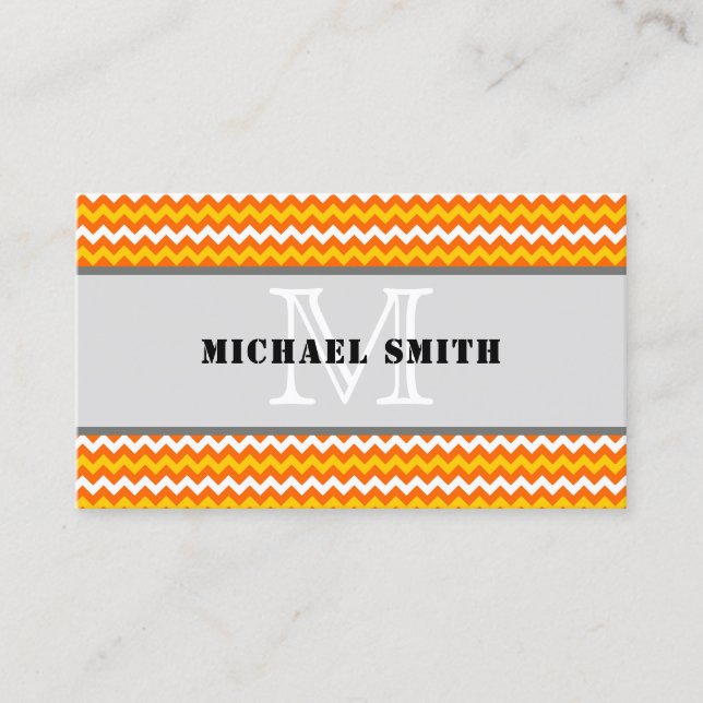 Cartão De Visita Monograma do Chevron Branco Amarelo Laranja Zigzag (Frente)