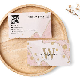 Cartão De Visita Monograma do Código QR do Marble Dourado Cor-de-Ro
