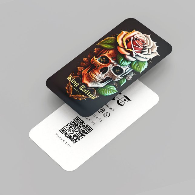 Cartão De Visita Monograma do Crânio do Artista de Tatuagem Minimal (Minimalist Tattoo Artist Qr Code Business Card
)