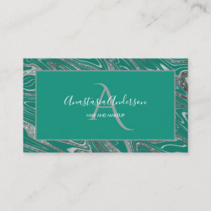 Cartão De Visita Monograma do Mármore verde de prata cinzento verd