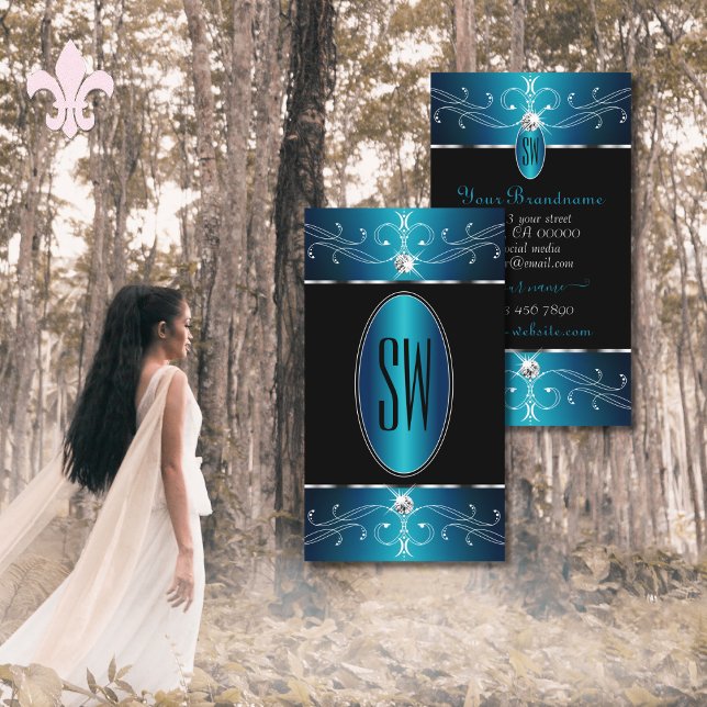 Cartão De Visita Monograma do Ornamentado Azul-Teal Negro de luxo (Criador carregado)