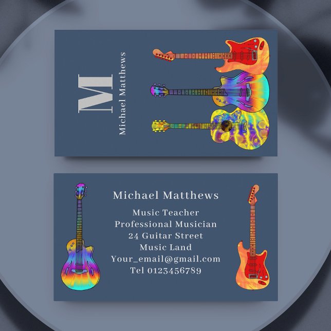 Cartão De Visita Monograma do Professor de Música de Violão Persona (Modern guitar music teacher musician custom blue business card)