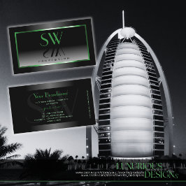 Cartão De Visita Monograma do Quadro Verde do Ombre Branco e Preto 