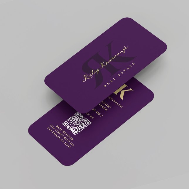 Cartão De Visita Monograma do Realtor Moderno R K Roxo Escuro (Modern Realtor Monogram R K Dark Purple Professional Marketing Real Estate Agent Business Card
)